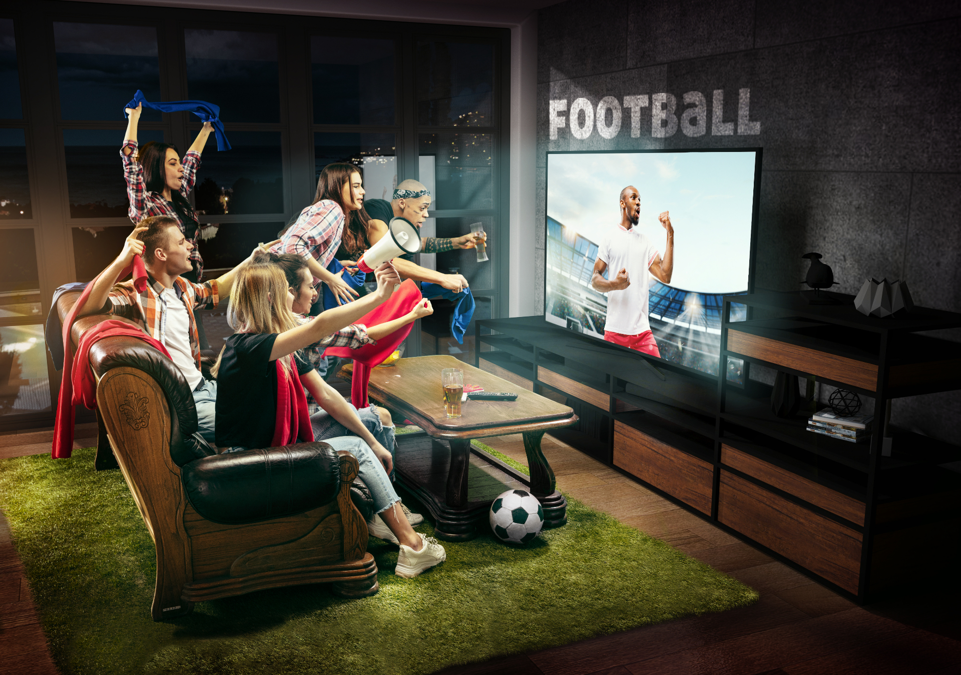 Friends celebrating a goal during a FIFA World Cup 2026 match